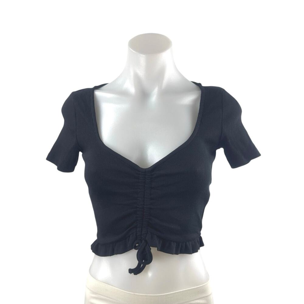Zara Black Ribbed Ruched Ruffle Short Sleeve Crop Tee Basic T-Shirt Blouse Top M